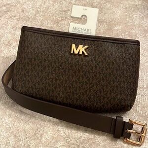 Brand New Michael Kors Brown Belt Bag Zippered Fanny Pack Gold Tone Metal Logo